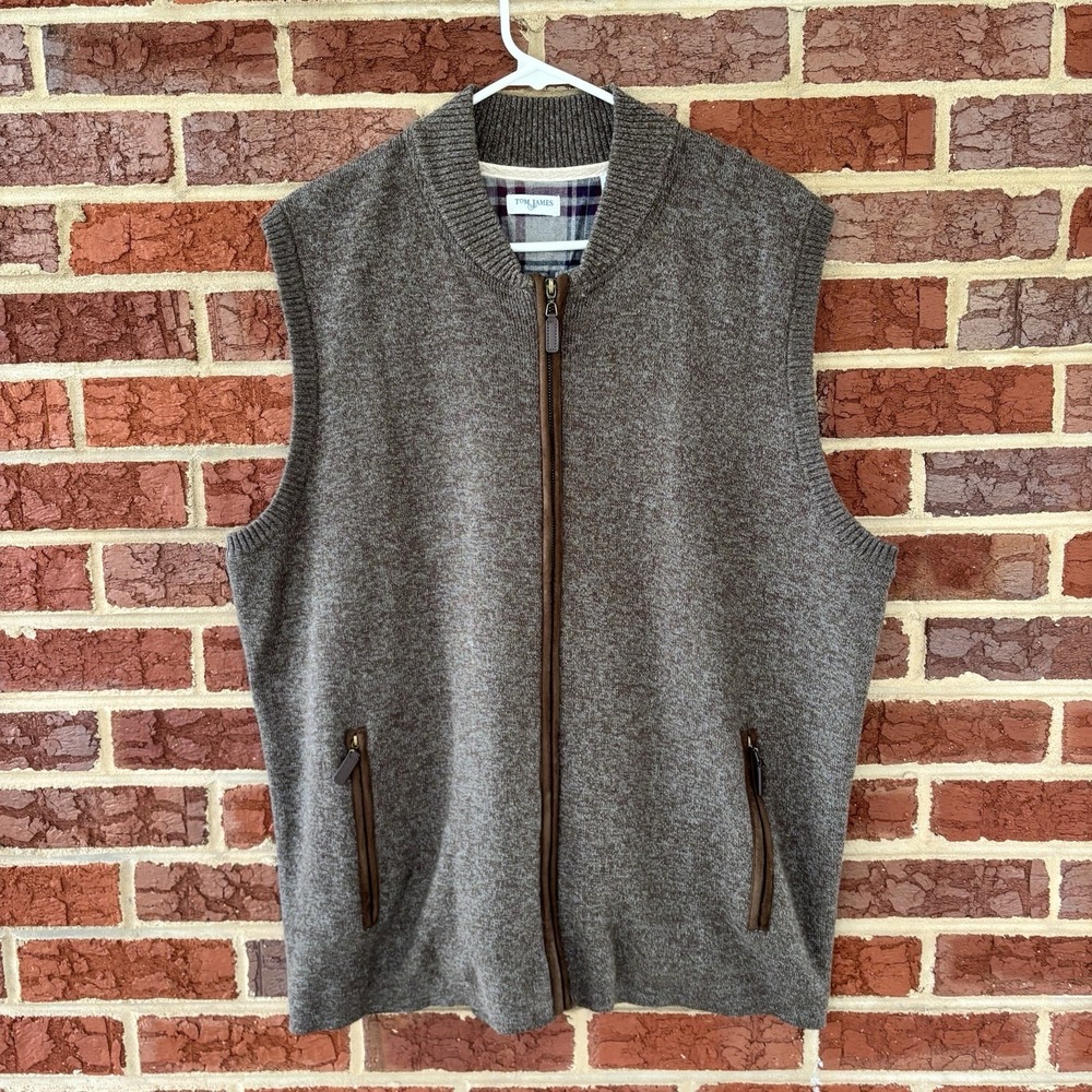 Tom‎ James Brown Full Zip Lined Sweater Vest Mens L Leather Accents 100% Cotton